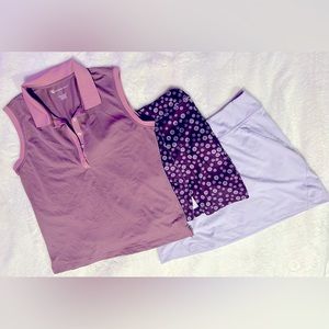 Oxford Golf Women’s Bundle: Purple Sleeveless Polo and Elastic Waistband Skorts